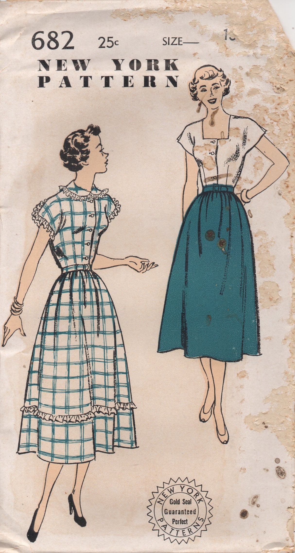 1950's New York One Piece Dress with High or Square Neckline and Gathered Skirt - Bust 31" - UC/FF - No. 682