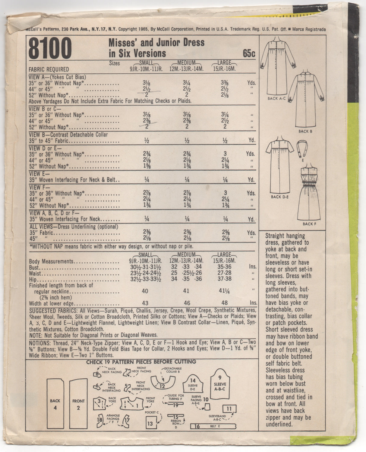 1960's McCall's Straight Hanging Dress in 6 varieties - Bust 30.5-31.5" - No. 8100