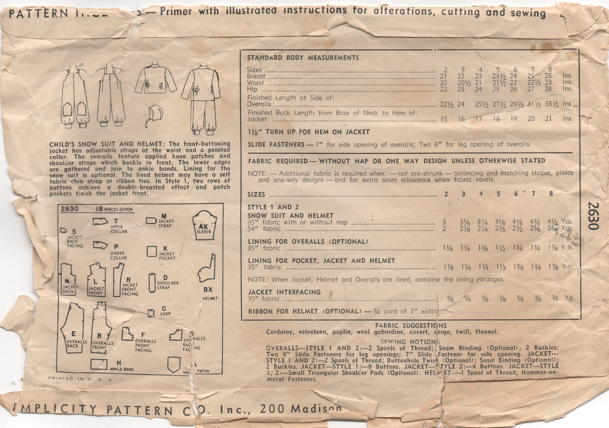 1940's Simplicity Child's Snowsuit and Helmet - 2yrs - No. 2630