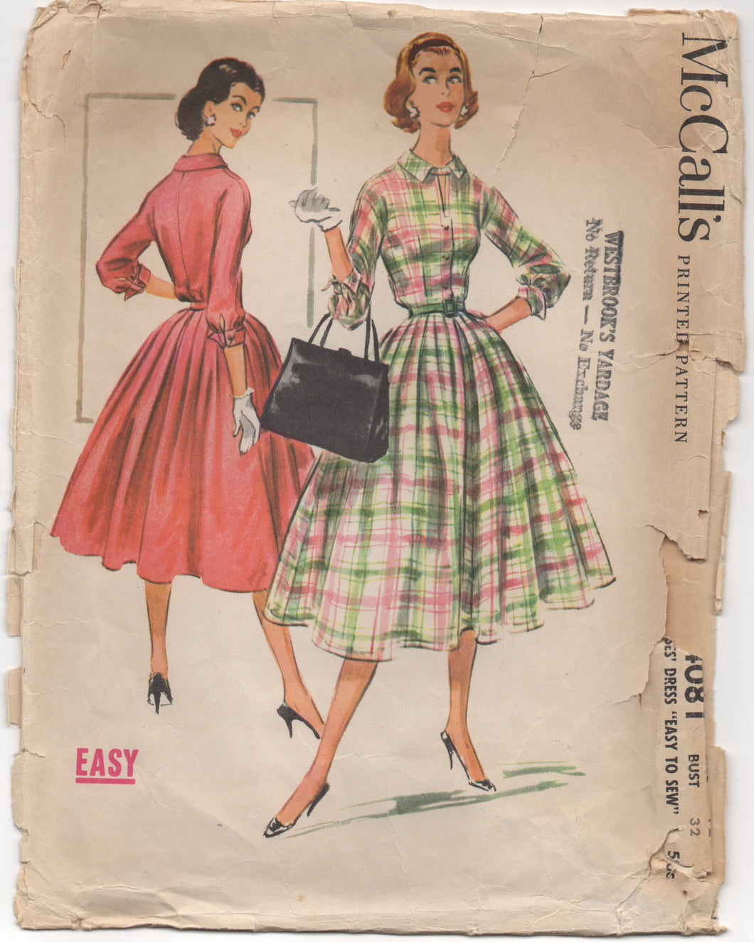 1950's McCall's Shirt Waist Dress with Tab detail at collar - Bust 32