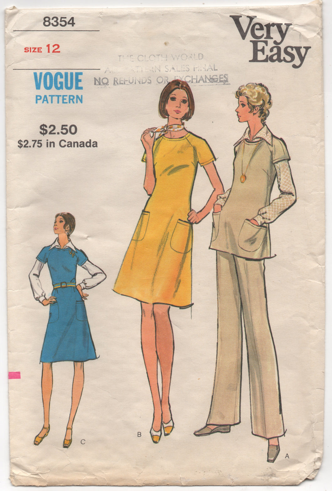 1970’s Vogue Semi-fitted Dress, Tunic, Blouse and Pants - Bust 34” - No. 8354