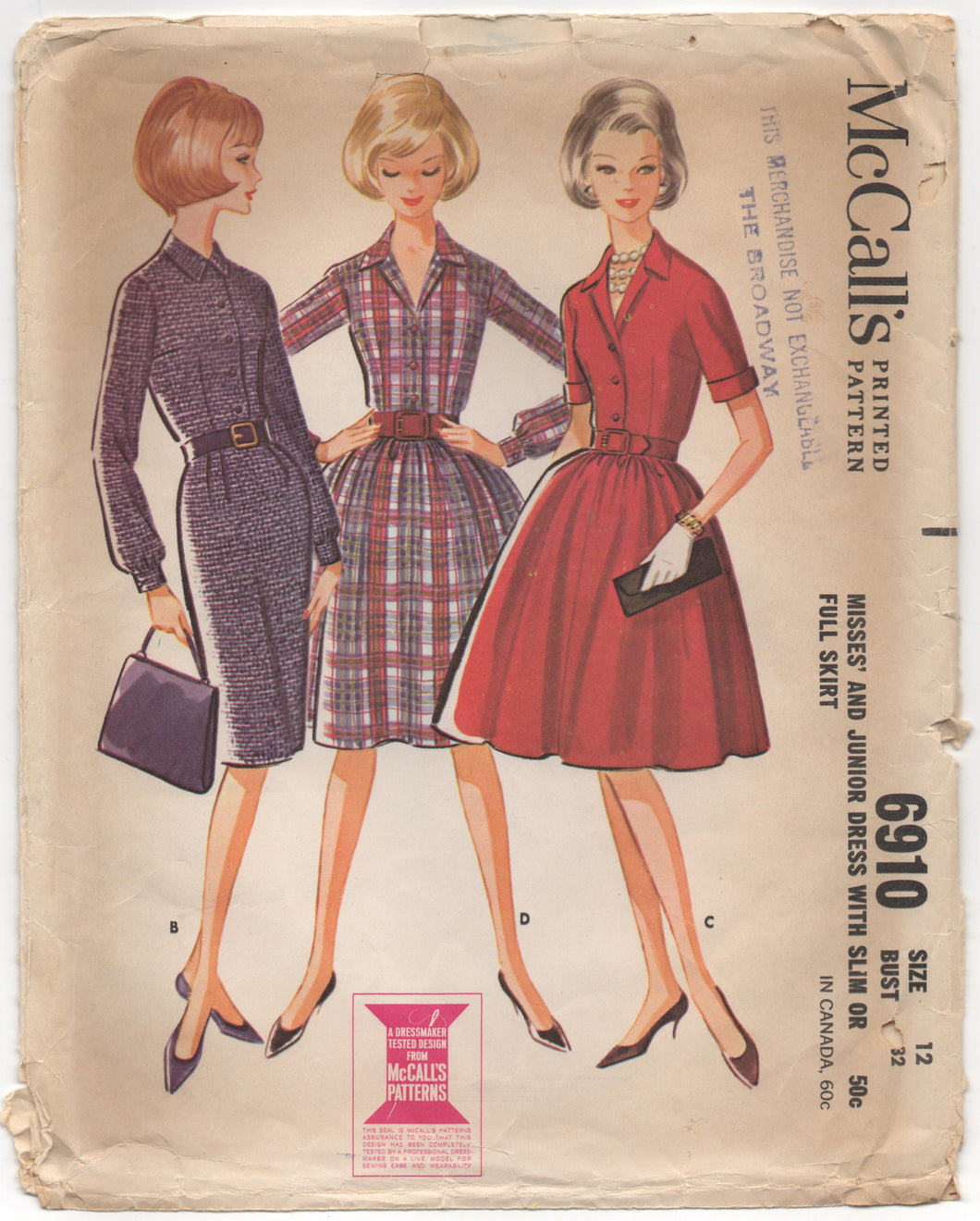 1960's McCall's Shirtwaist Dress with Slim or Full Skirt - Bust 32