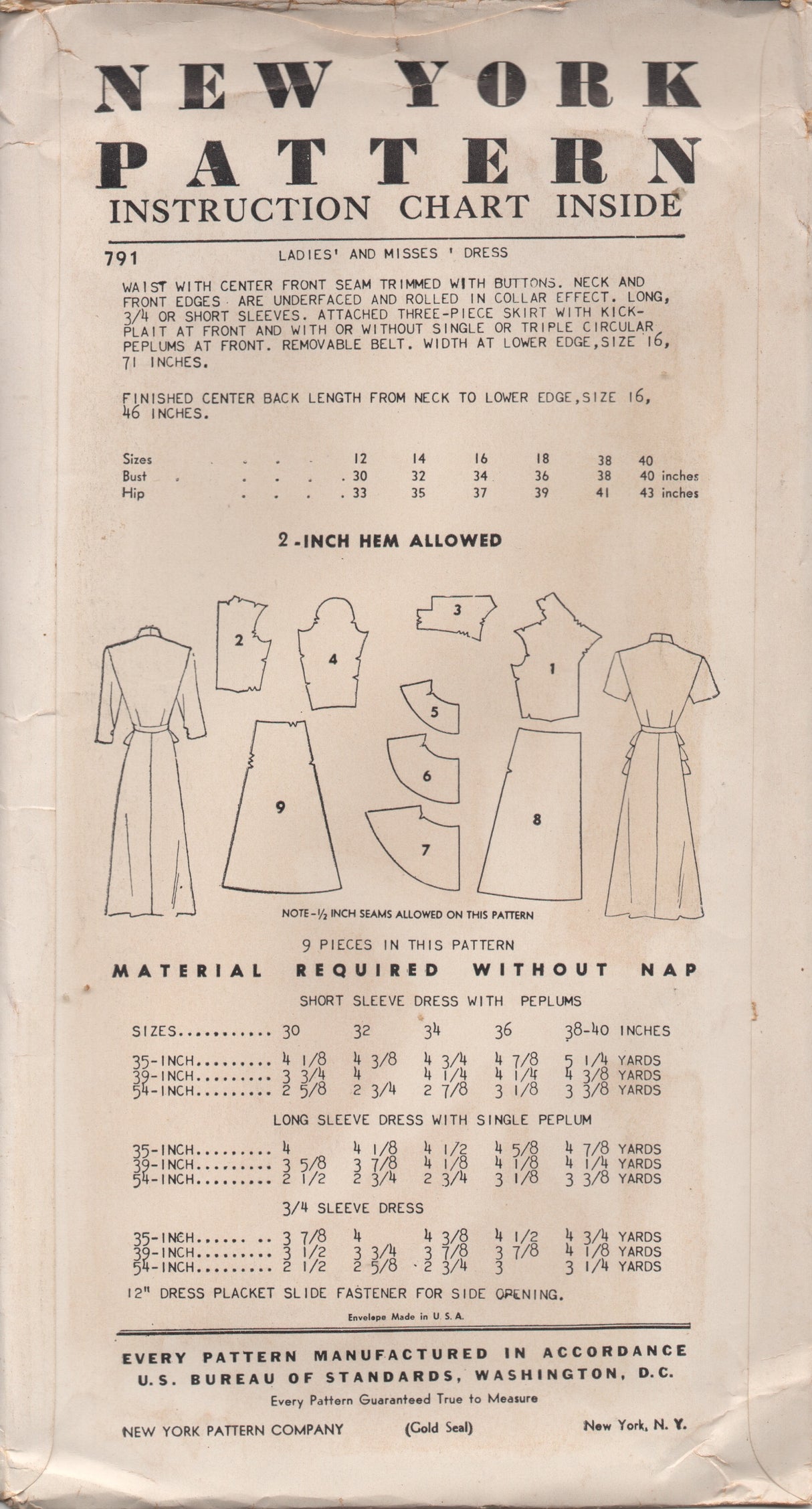 1940's New York by Louise Scott One Piece Dress with One or Three Piece Peplum and Large Collar - Bust 30" - UC/FF - No. 791