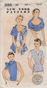 1950's New York Scarf with buttons, Dickey with Pussy Bow or Jerkin with V neck - B.30-32 - UC/FF - No. 986