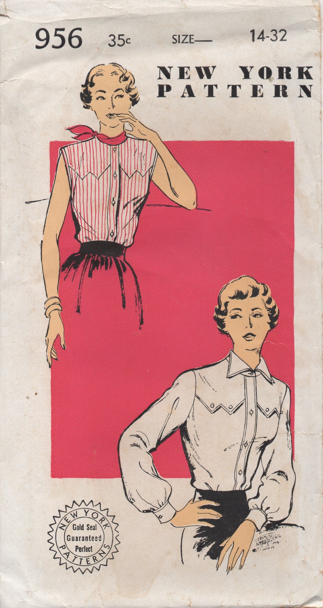 1950's New York Western Style Yoke Blouse with or without sleeves Pattern - Bust 32