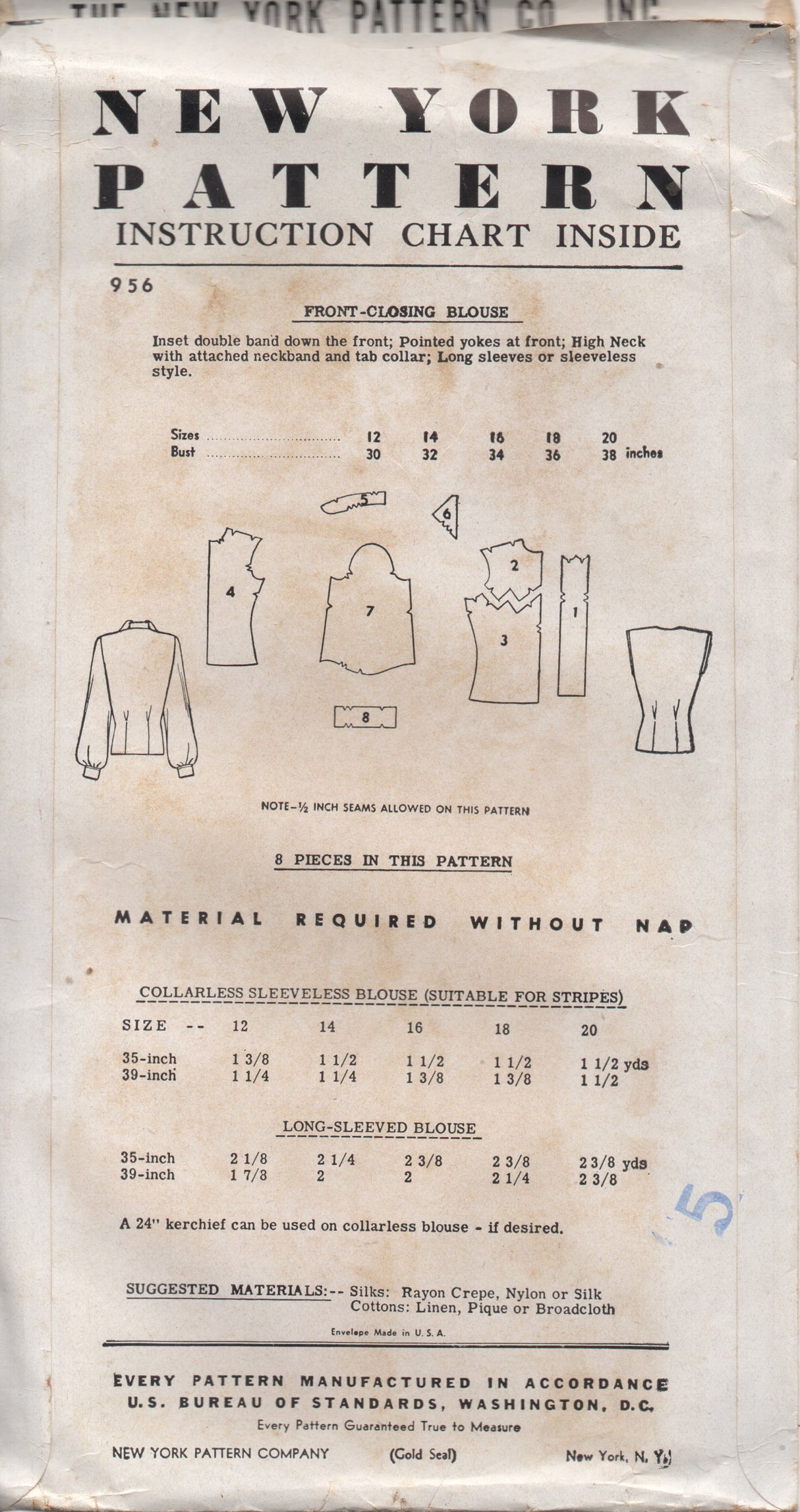 1950's New York Western Style Yoke Blouse with or without sleeves Pattern - Bust 32" - No.956