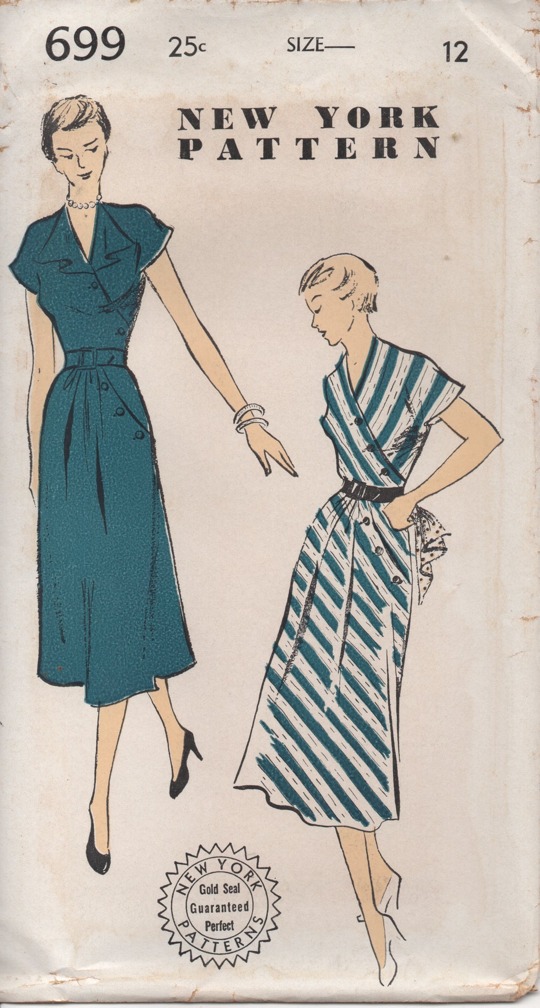 1940's New York One Piece Dress with Surplice Bodice with matching Skirt Yoke and optional draped Collar - Bust 30
