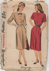 1940’s Simplicity Shirtwaist Dress with detailed pockets and oversized cuffs - Bust 34” - No. 1891