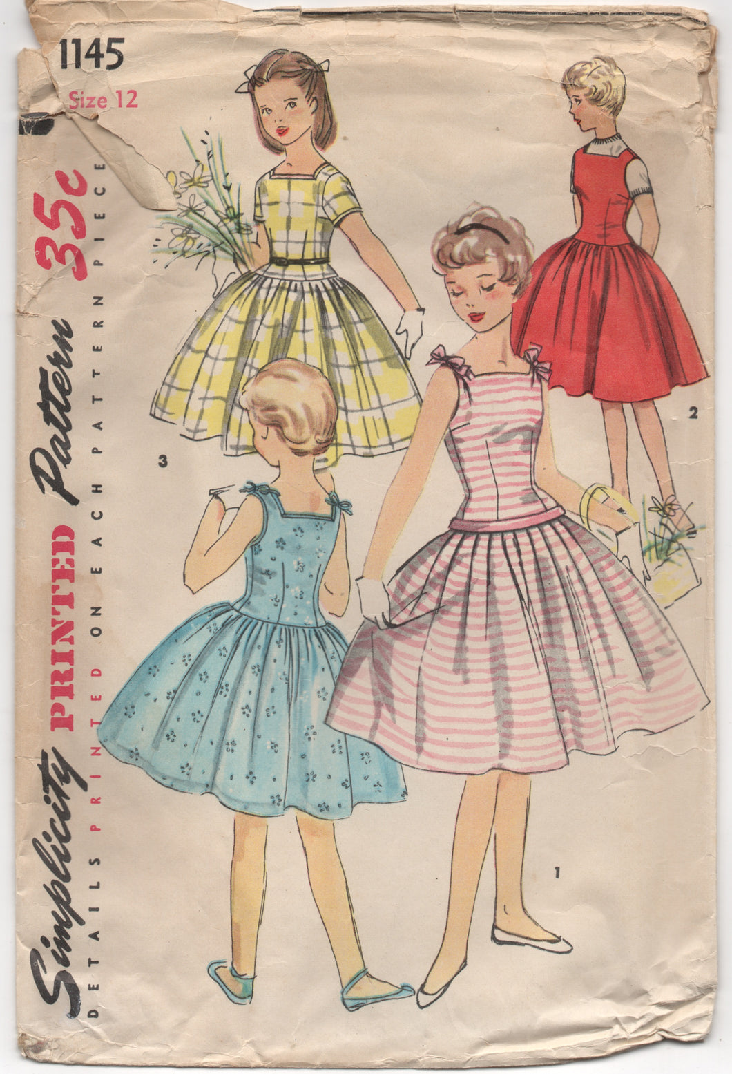 1950’s Simplicity Girl’s One Piece Dress with Drop waist and Bow detail - Bust 30” - No. 1145