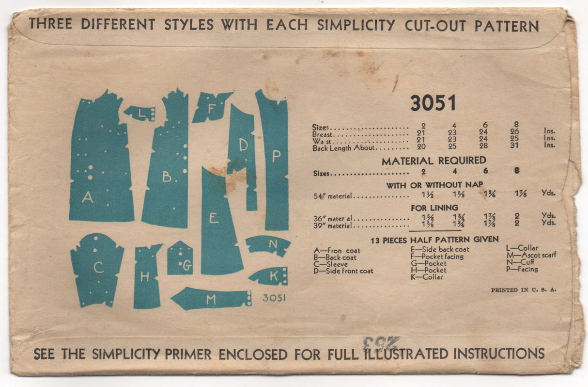 1930's Simplicity Child's Coat in 3 Styles and Tie Pattern - Chest 24" - No. 3051