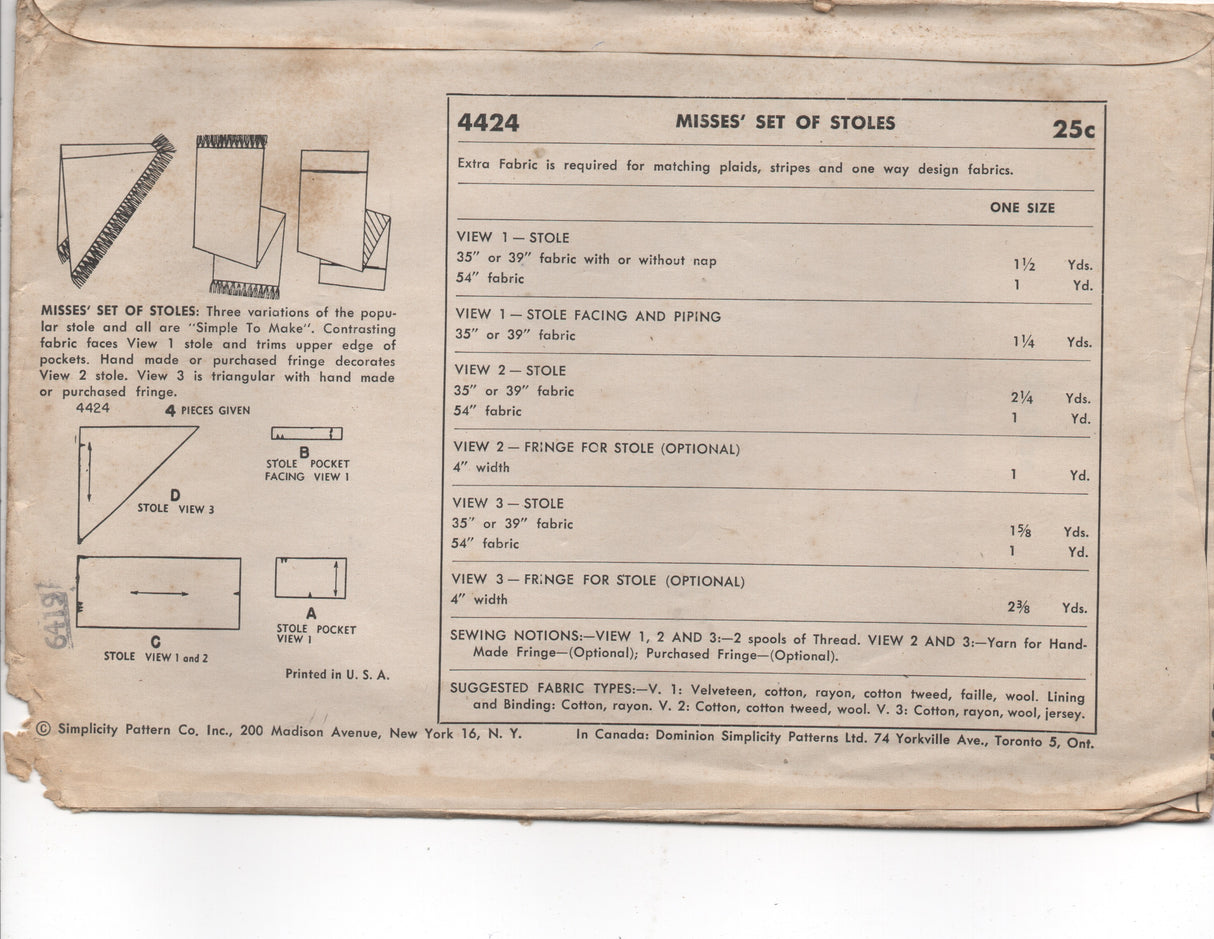 1940's Simplicity Rectangular and Triangular Stole Pattern - One Size - No. 4424