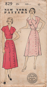1950's New York One Piece Dress with Crossover Button Front and Patch Pocket - Bust 28" - No. 829