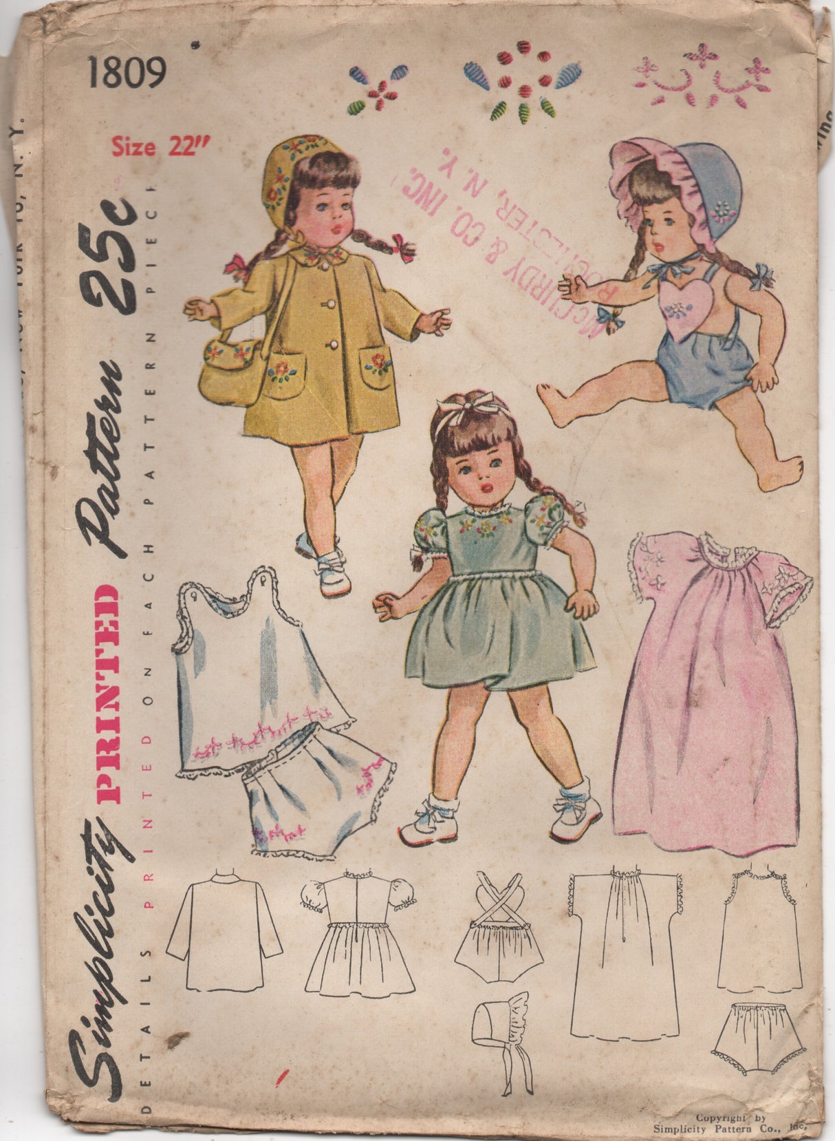 1940's Simplicity 22" Doll Wardrobe with Heart Jumper, Dress and TRANSFER - UC/FF - No. 1809