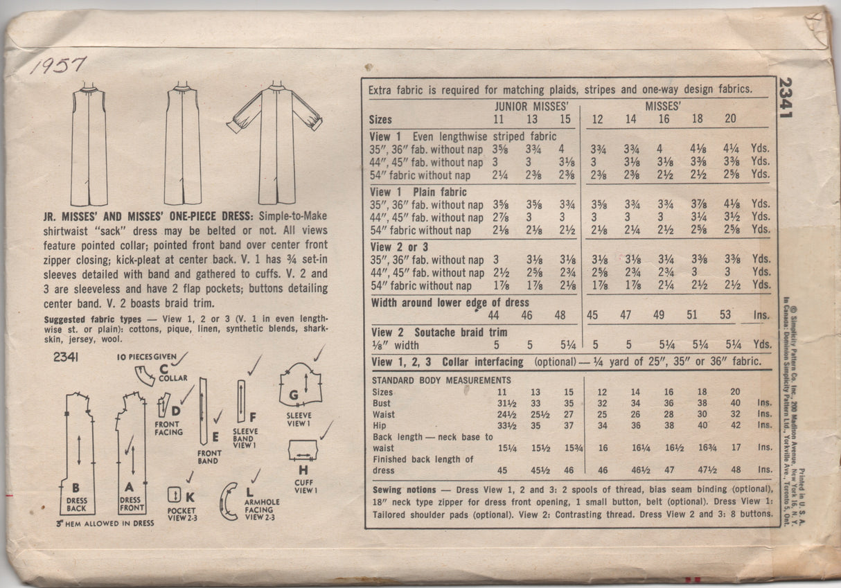 1950's Simplicity Shift dress - Bust 31.5" - No. 2341