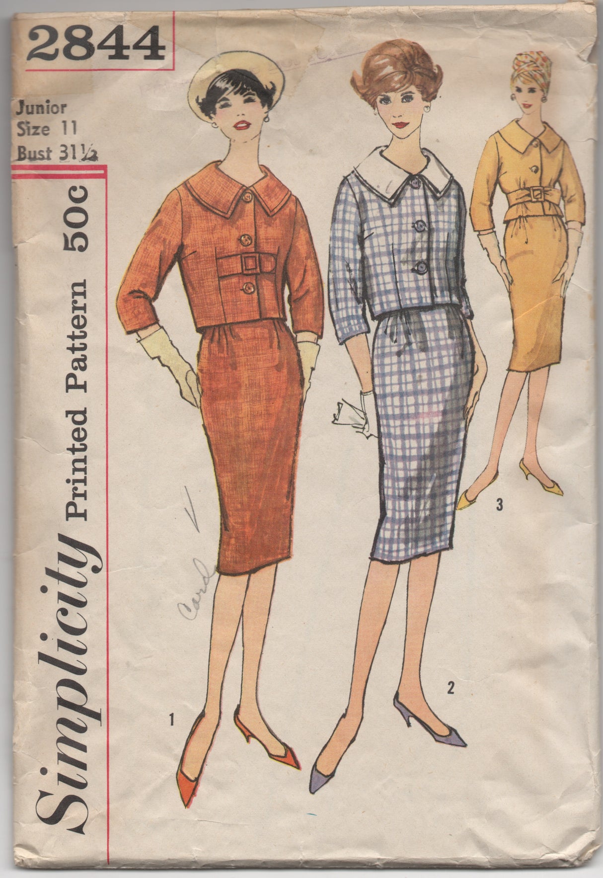 1950's Simplicity Two Piece Suit with Detachable Collar & Slim Skirt Pattern - Bust 31.5" - No. 2844