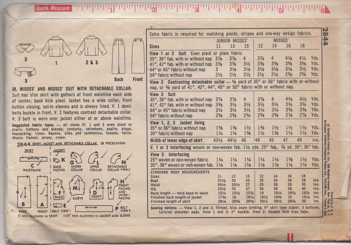 1950's Simplicity Two Piece Suit with Detachable Collar & Slim Skirt Pattern - Bust 31.5" - No. 2844