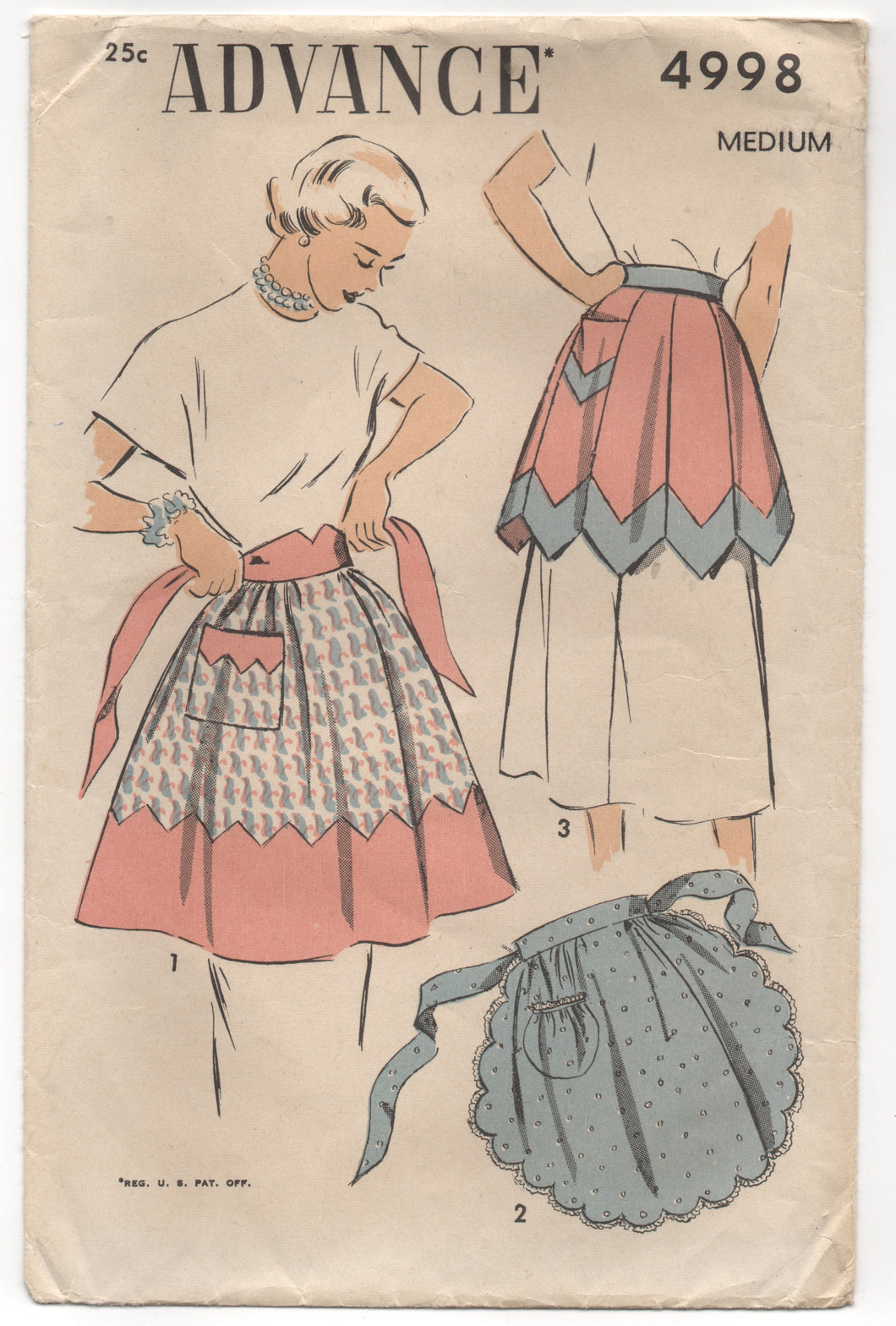 1940's Advance Scalloped Apron, Gored Apron or Apron with Contrasting Band Pattern - Waist 28-30