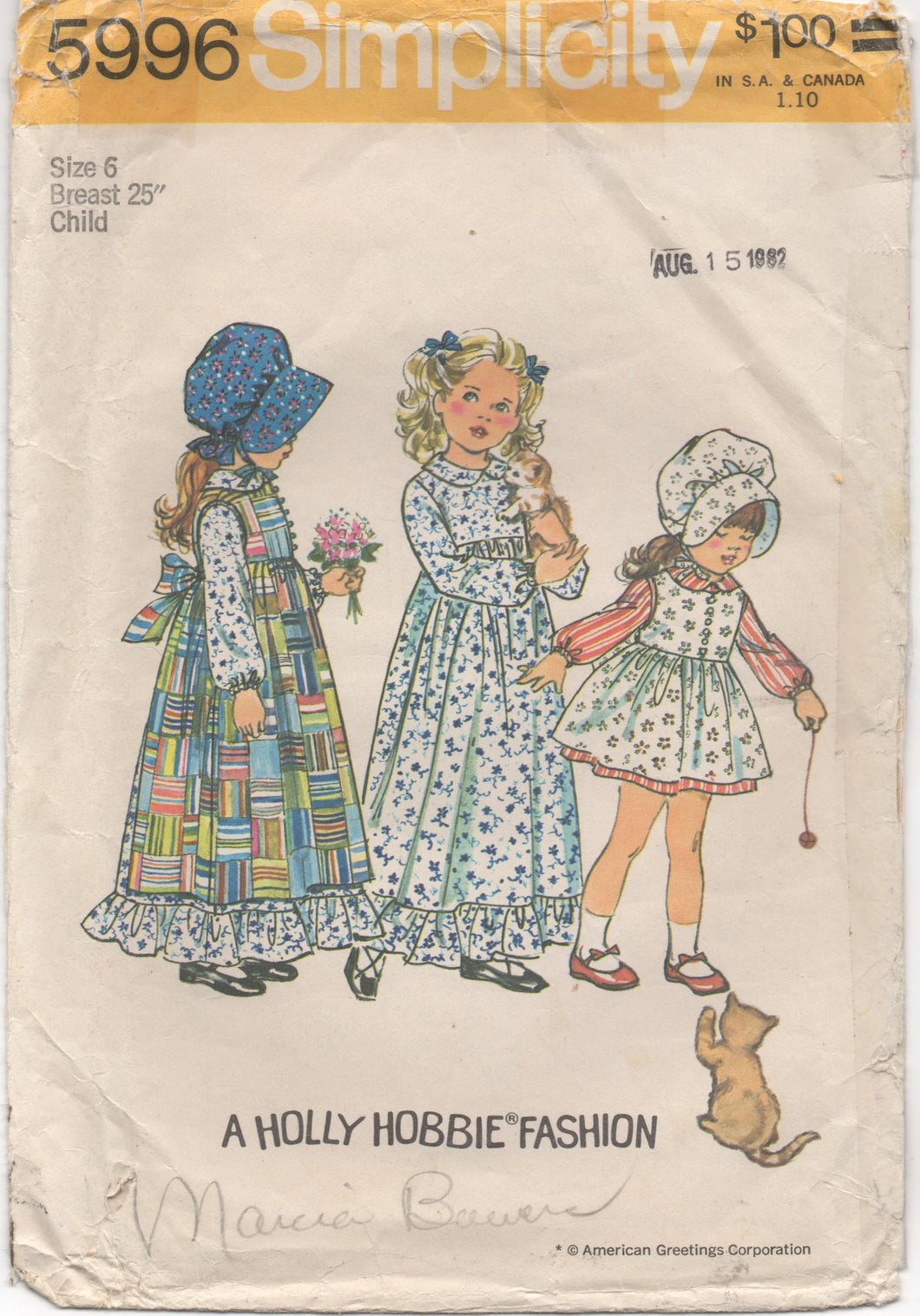 1970’s Simplicity One Piece Prarie Dress, Pinafore and Bonnet - Chest 25” - No. 5996