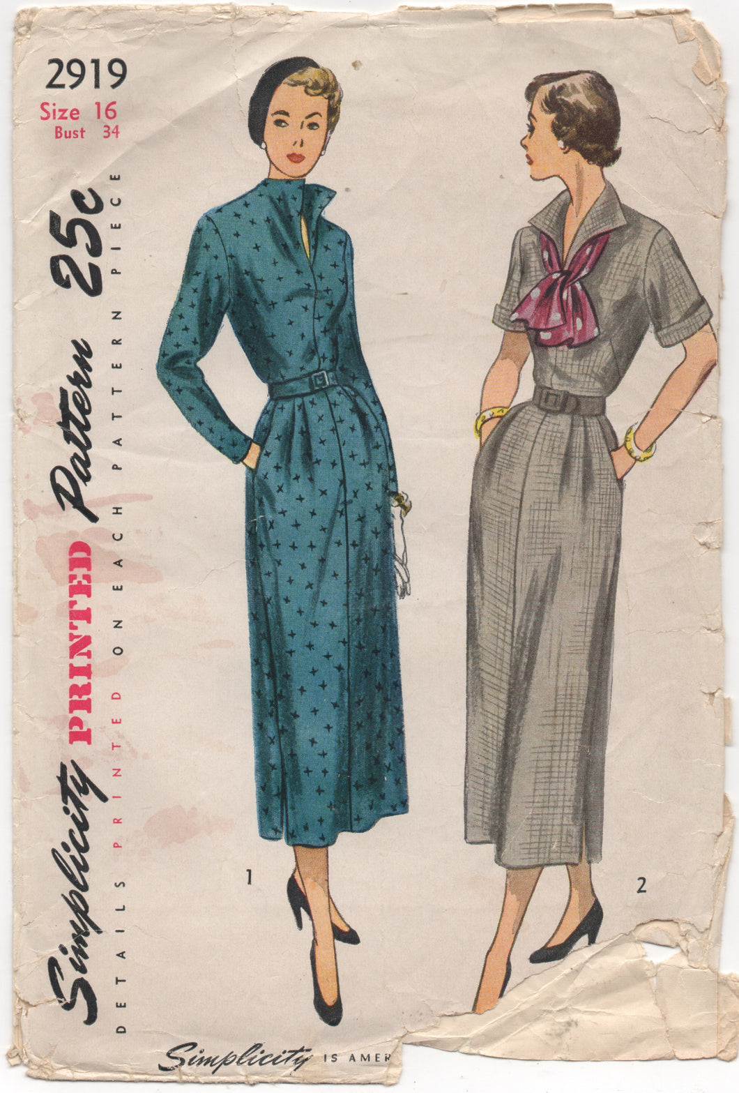 1940’s Simplicity High Self Collar One Piece Dress - Bust 34” - No. 2919