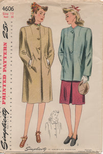 1940’s Simplicity Long or Short Coat with optional collar - Bust 30” - No. 4606