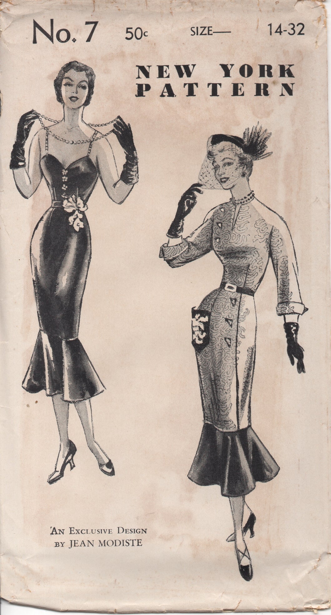 1950's New York by Jean Modiste Wiggle Dress with Circular Flounce Bottom and Two Bodice styles - Bust 32