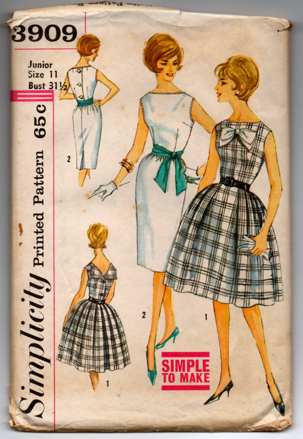 1960's Simplicity One-Piece Dress with Bow detail and button up back pattern - Bust 31.5