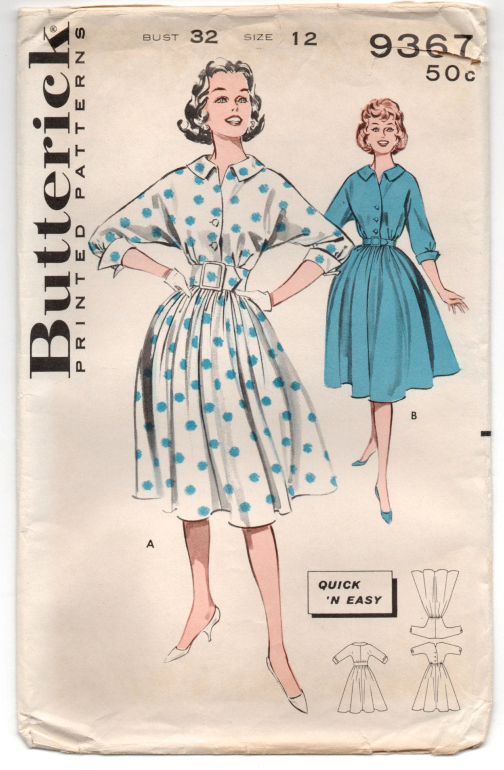 1960's Butterick One-Piece Button Up Rockabilly Dress Pattern - Bust 32
