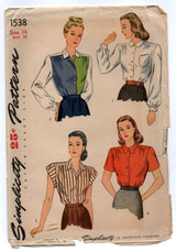 1940's Simplicity Blouse Pattern with Two Sleeve Lengths - Bust 32" - No. 1538