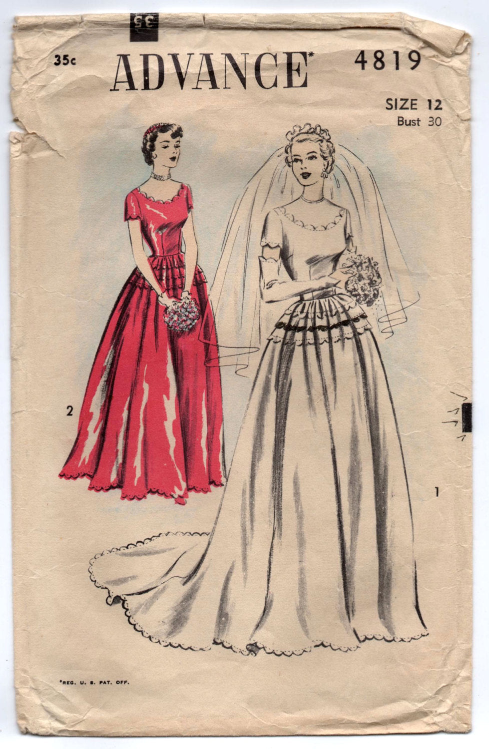 1950's Advance Wedding Dress with Scooped Scallop Neckline and Glove pattern - Bust 30