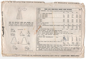 1950's Simplicity Junior's Sweetheart Neckline Halter Dress Pattern - Bust 28" - No. 3595
