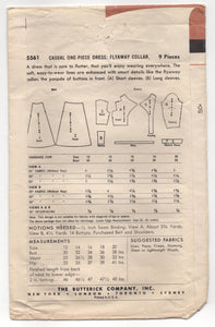 1950's Butterick One-Piece Dress with Flyaway Collar Pattern - Bust 32" - No. 5561
