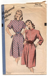 1950's Hollywood One-Piece Dress with Two style of sleeves Pattern - Bust 30" - No. 1909