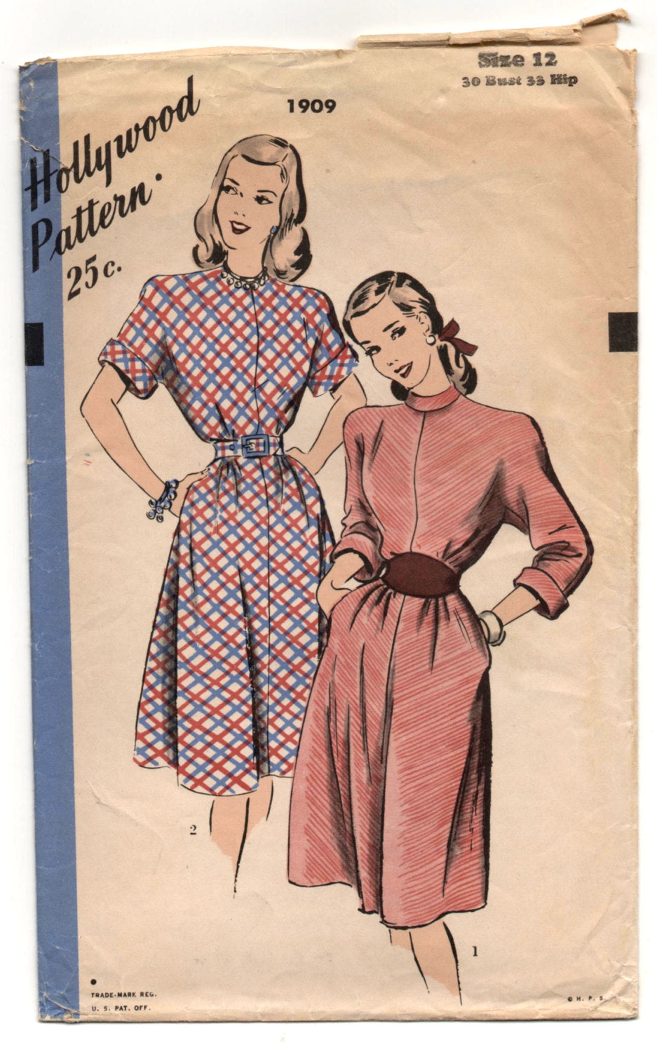 1950's Hollywood One-Piece Dress with Two style of sleeves Pattern - Bust 30