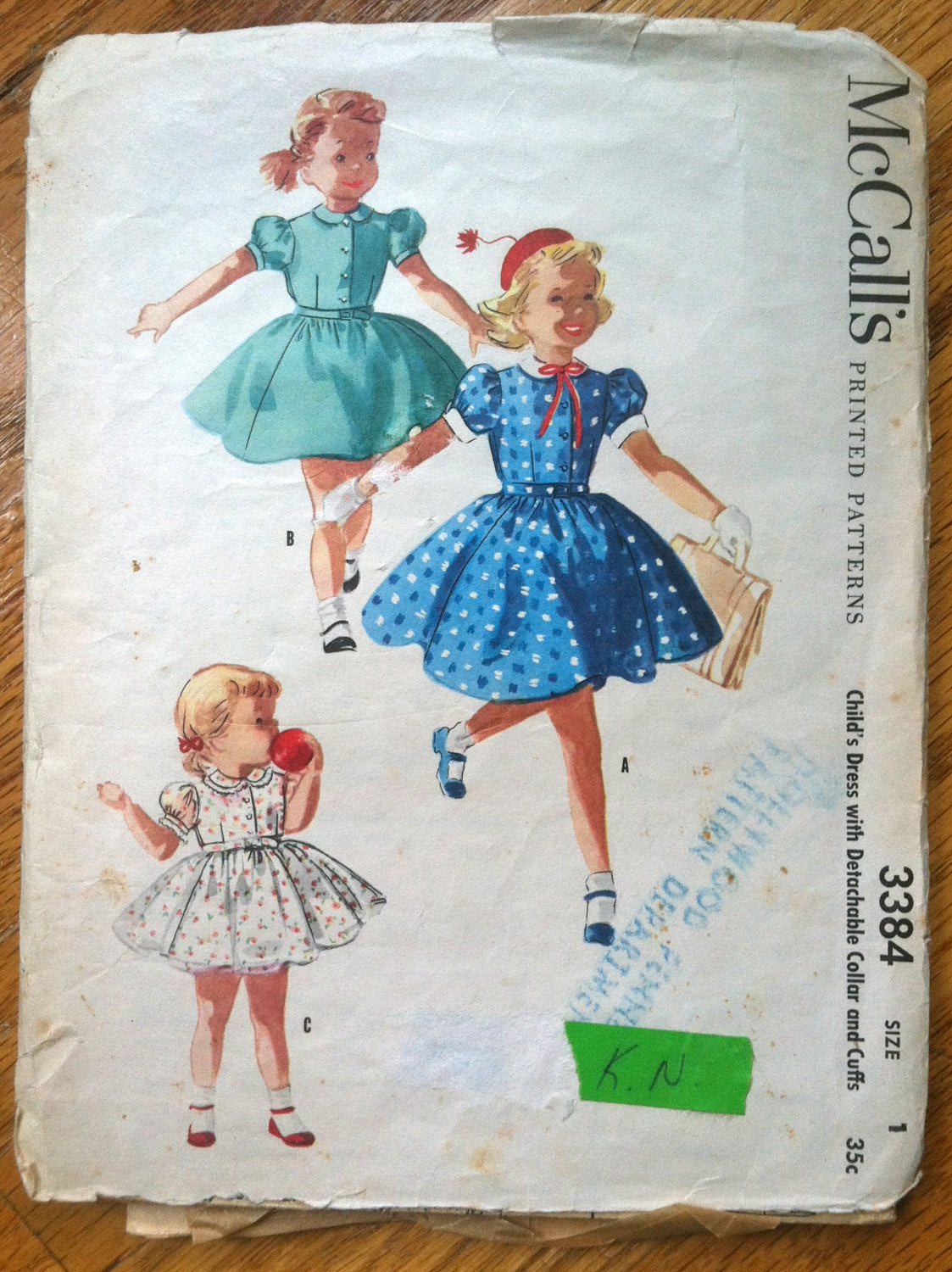 1950's McCall's Girls' Dress with Detachable Collar and Cuffs Pattern - Size 1 - No. 3384