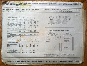 1950's McCall's Girls' Dress with Detachable Collar and Cuffs Pattern - Size 1 - No. 3384