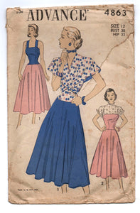1950's Advance One-Piece Summer Dress with Wrap-around Cape Pattern - Bust 30" - No. 4863