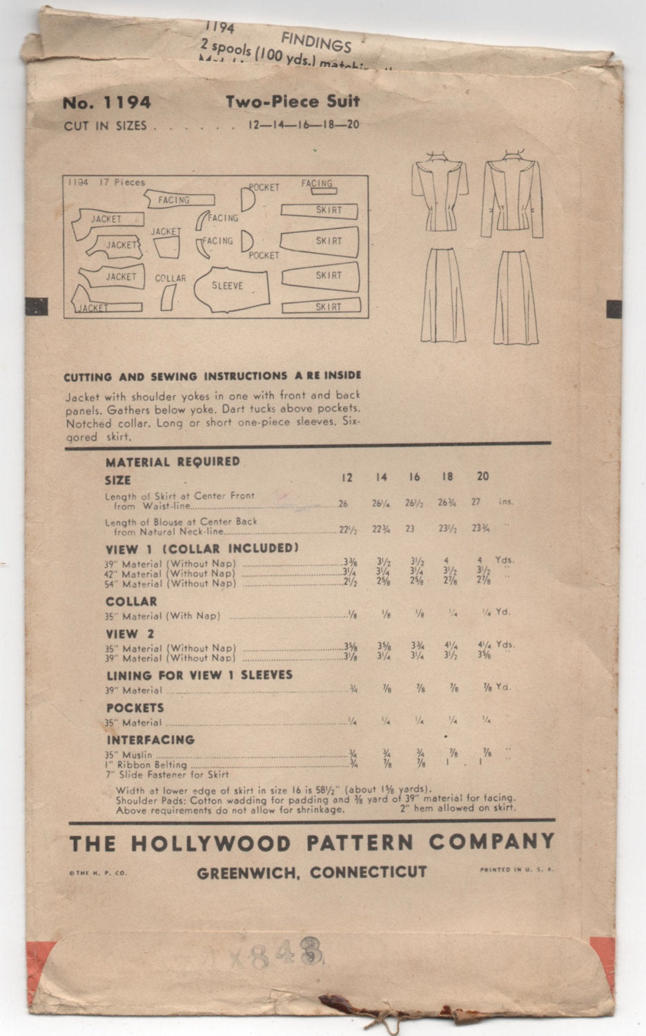 1940's Hollywood Two-Piece Suit Pattern - Bust 30" - No. 1194