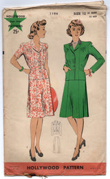 1940's Hollywood Two-Piece Suit Pattern - Bust 30" - No. 1194