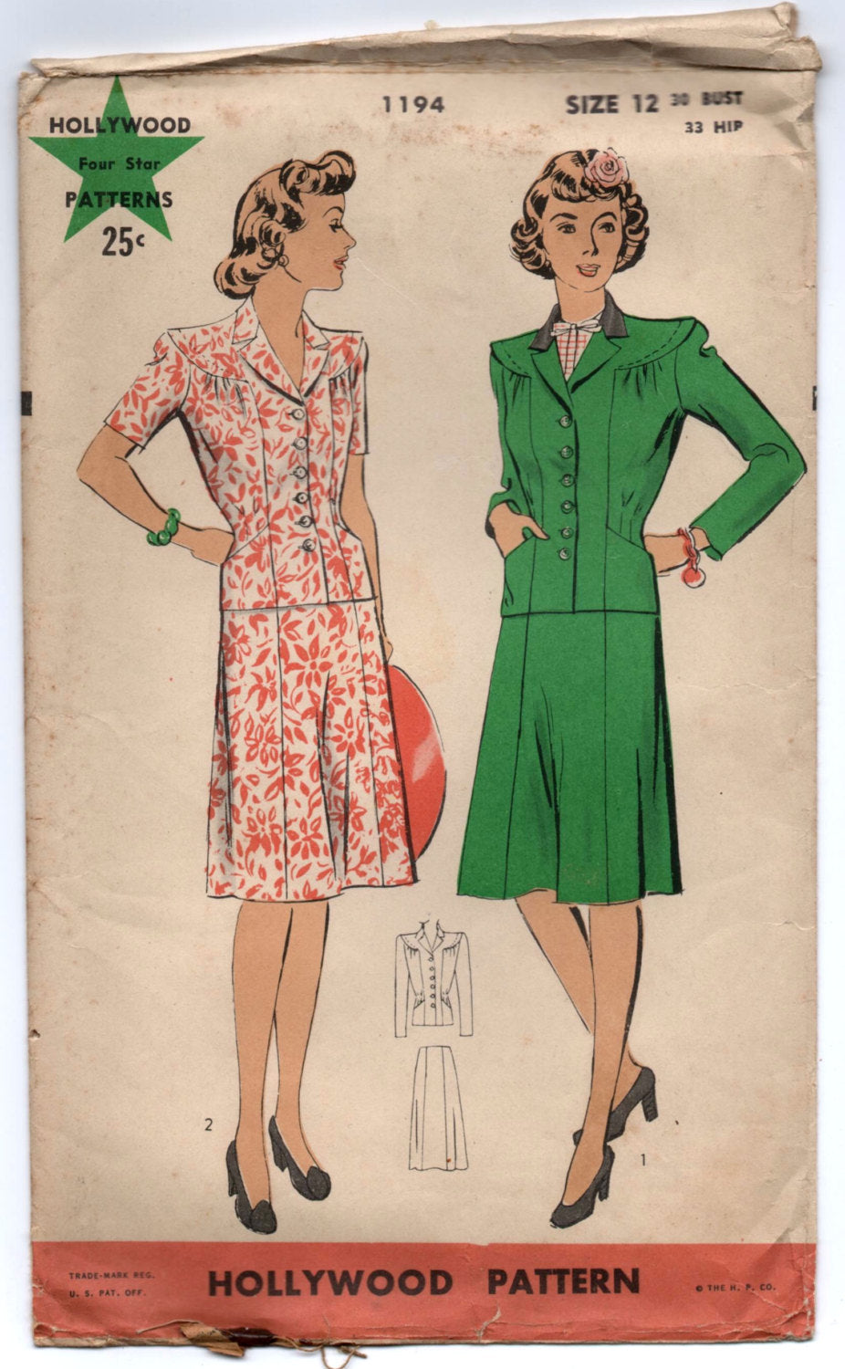 1940's Hollywood Two-Piece Suit Pattern - Bust 30