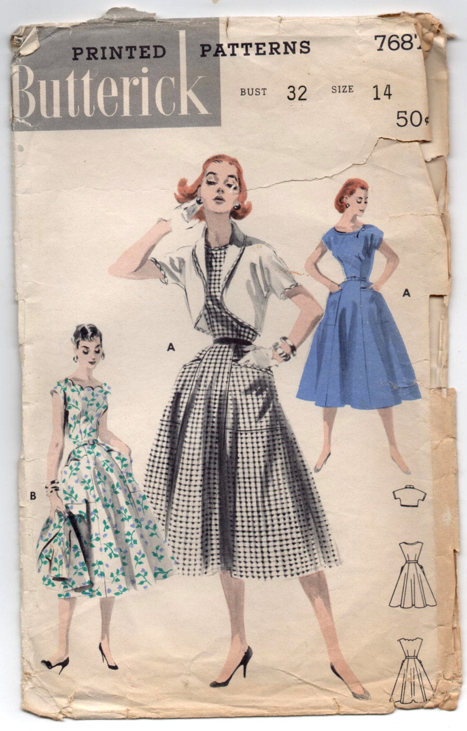 1950's Butterick One-Piece Dress with Scalloped Neckline and Bolero pattern - Bust 32