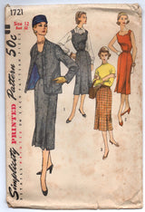 1950's Simplicity One-Piece Sweetheart Neckline Dress, Jacket, and Skirt Pattern - Bust 32" - No. 1721