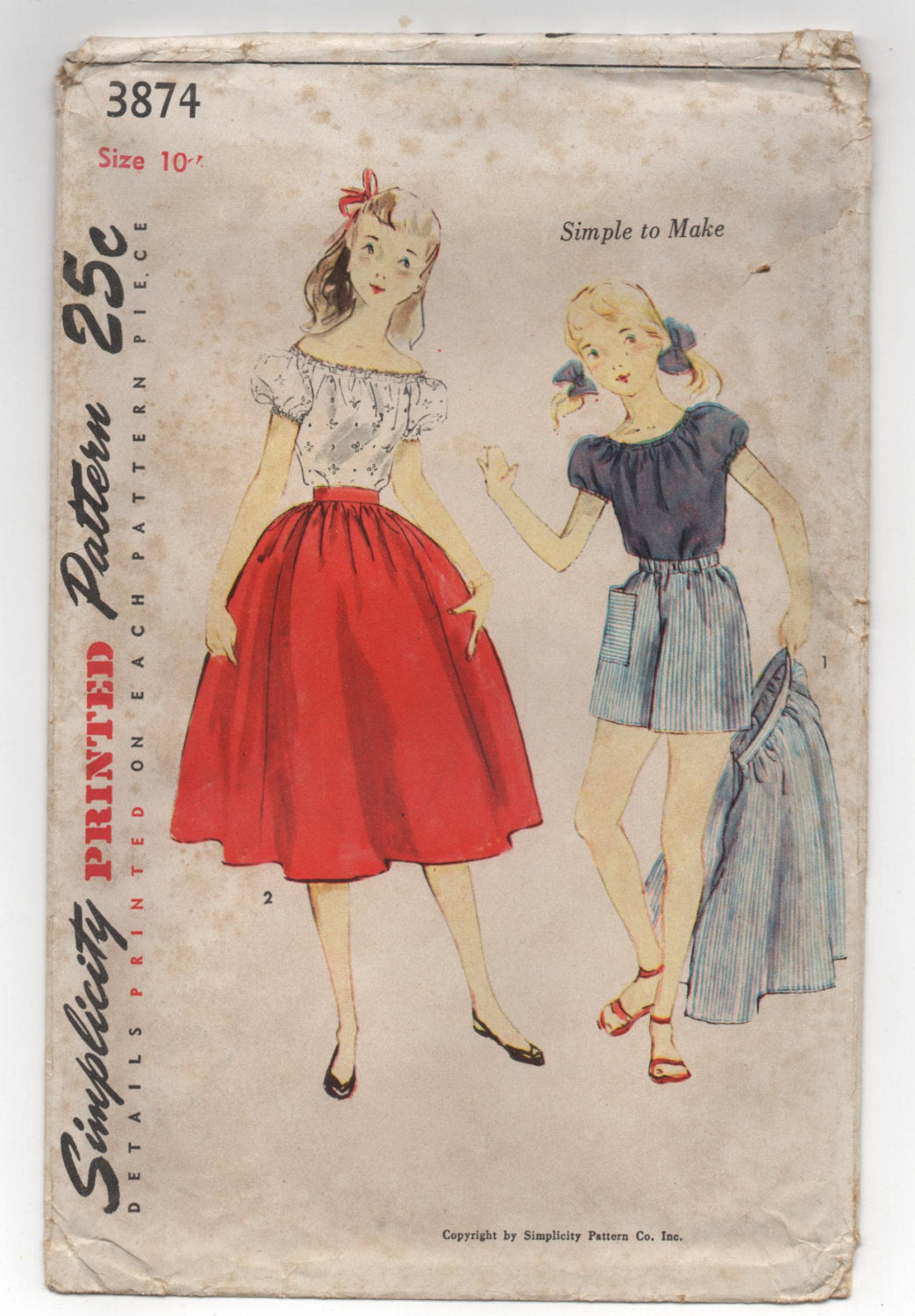 1950's Simplicity Girl's Peasant Top, Full Skirt and Shorts Pattern - Bust 28" - No. 3874