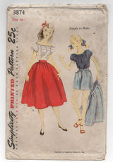 1950's Simplicity Girl's Peasant Top, Full Skirt and Shorts Pattern - Bust 28" - No. 3874