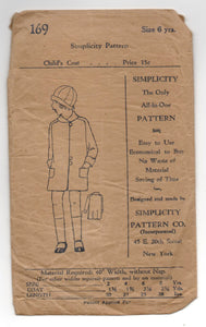1920's Simplicity Child's Coat Pattern - 6 yrs - No. 169