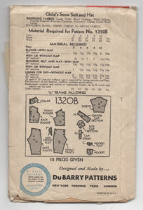 1930's DuBarry Snowsuit and Hat Pattern - 4yrs - No. 1320B