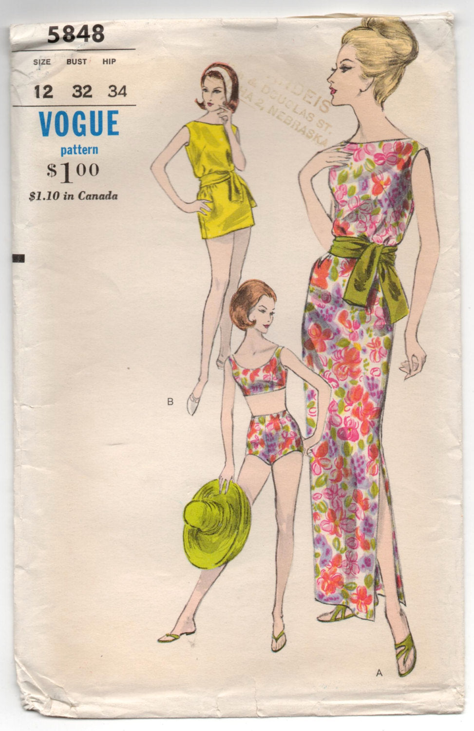 1960's Vogue Two-Piece Swim Suit, One-Piece Dress and Tunic Pattern - Bust 32