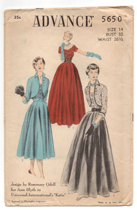1950's Advance Evening Dress with Bolero Pattern - Bust 32" - UC/FF - No. 5650