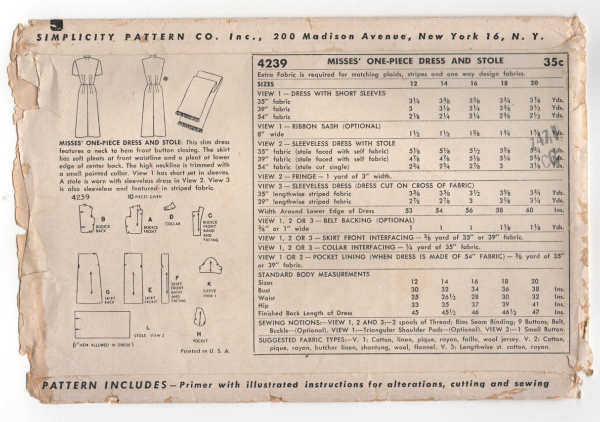 1950's Simplicity One Piece Dress and Stole pattern - Bust 34" - UC/FF - No. 4239