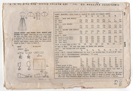 1950's Simplicity Cocktail Dress with or without drop waist and Bolero pattern - Bust 30" - No. 8392