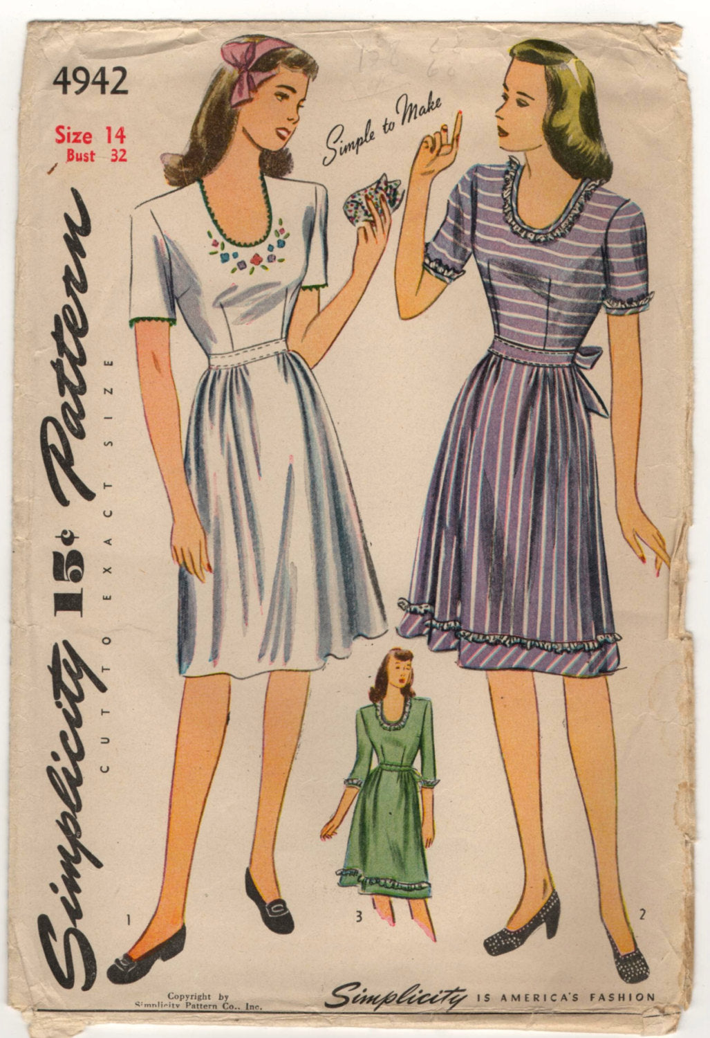 1940's Simplicity One-Piece Dress with oval nackline- Bust 32
